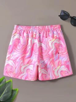 Men Allover Print Drawstring Waist Swim Trunks