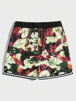 ROMWE Guys Tropical Print Striped Trim Drawstring Waist Shorts
