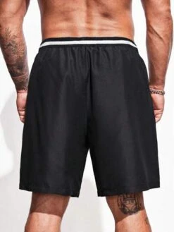 Men Drawstring Waist Slant Pocket Swim Trunks