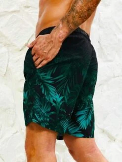 Men Tropical Print Drawstring Waist Swim Trunks