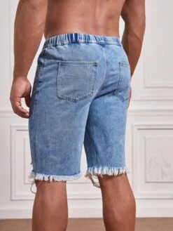 Manfinity LEGND Men Ripped Frayed Raw Hem Drawstring Waist Denim Shorts