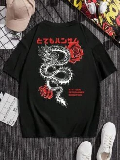 Men Japanese Letter & Chinese Dragon Graphic Drop Shoulder Tee