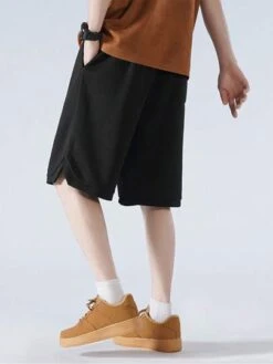 Men Drawstring Waist Slant Pocket Shorts