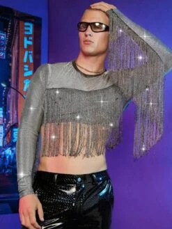 SHEIN Manfinity Fever City Men Fringe Trim Crop Glitter Tee