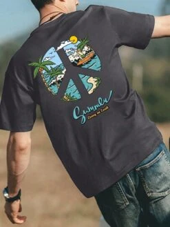 Men Letter & Tropical Print Tee