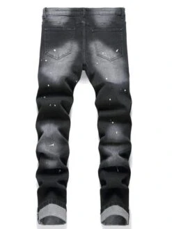 Men Splash Ink Print Ripped Frayed Skinny Jeans