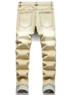 Men Ripped Frayed Bleach Wash Jeans