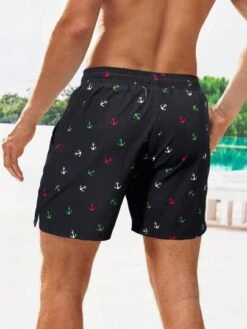Men Allover Print Drawstring Waist Swim Trunks With Compression Liner