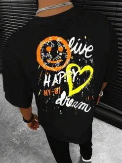 Men Letter And Cartoon Graphic Drop Shoulder Tee