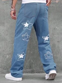 Men Star Print Straight Leg Jeans